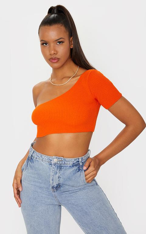 Orange One Shoulder Short Sleeve Crop Knitted Top