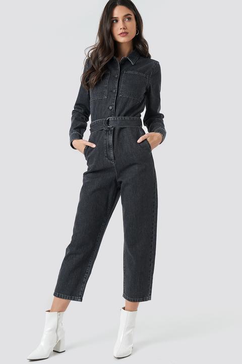 Na-kd Trend Waist Belt Denim Jumpsuit - Black