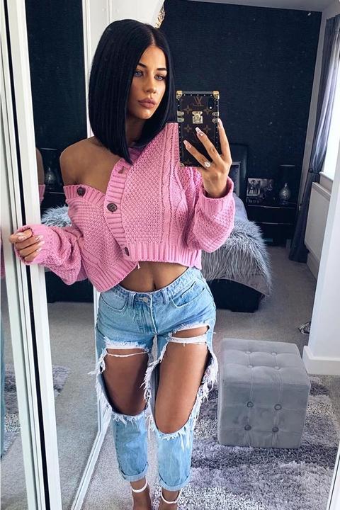 Pink Chunky Knit Button Up Crop Cardigan - Elly