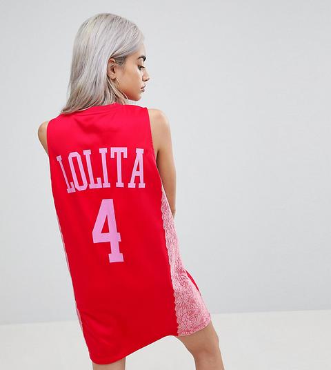 Asos Petite - Vestito T-shirt Stile Baseball Senza Maniche Con Inserto In Pizzo - Rosso