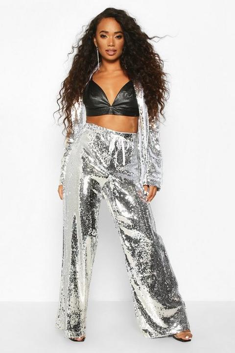 Petite - Pantalon Coupe Large À Sequins - Gris Argent - 6, Gris Argent