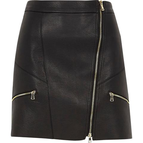 Black Faux Leather Zip Front Mini Skirt