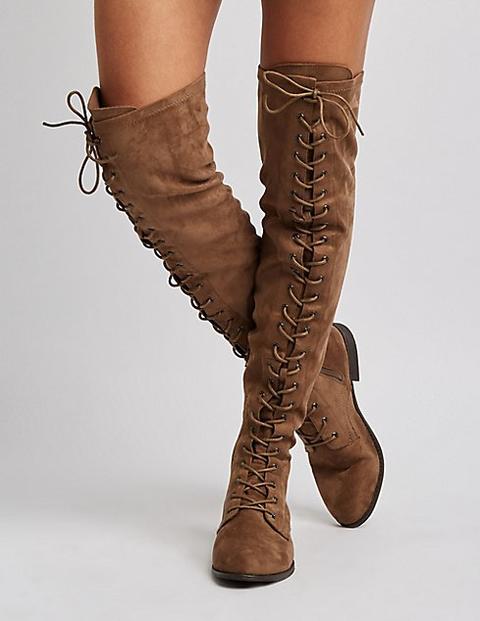 Faux Suede Lace-up Over-the-knee Combat Boots
