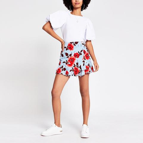 Blue Embellished Rose Design Mini Skirt