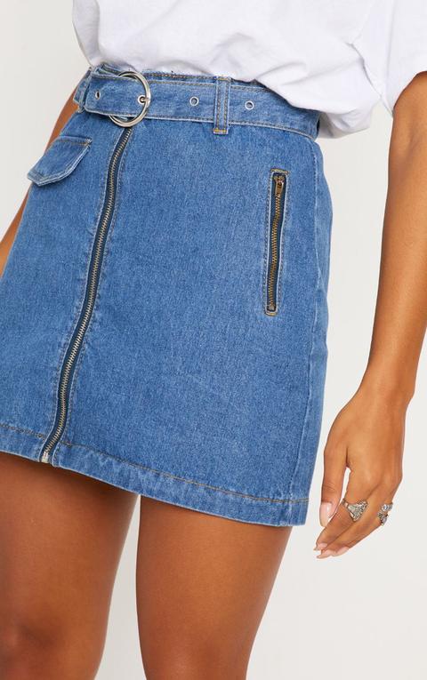 Mid Wash Zip Through Belted Denim Skirt