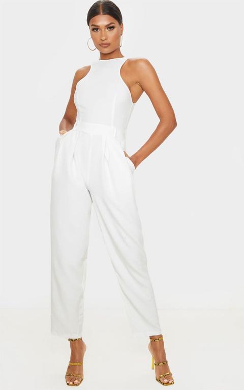 White Racer Back Pocket Detail Jumpsuit