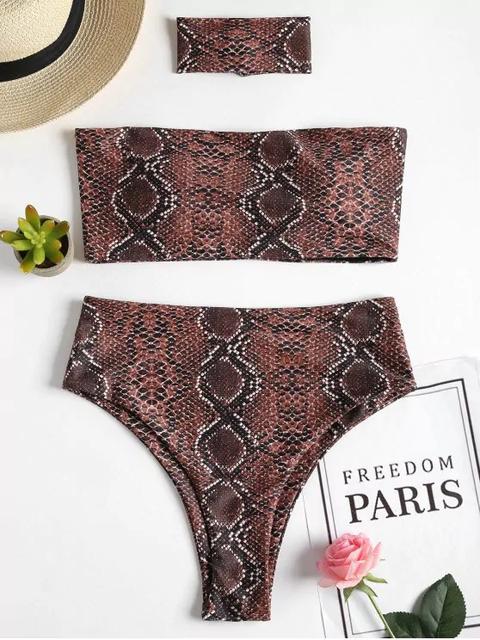 Bandeau Snakeskin High Cut Choker Bikini Coffee Green Light Brown