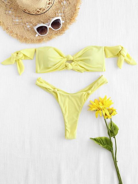 Ribbed Knot Off The Shoulder Bikini Set