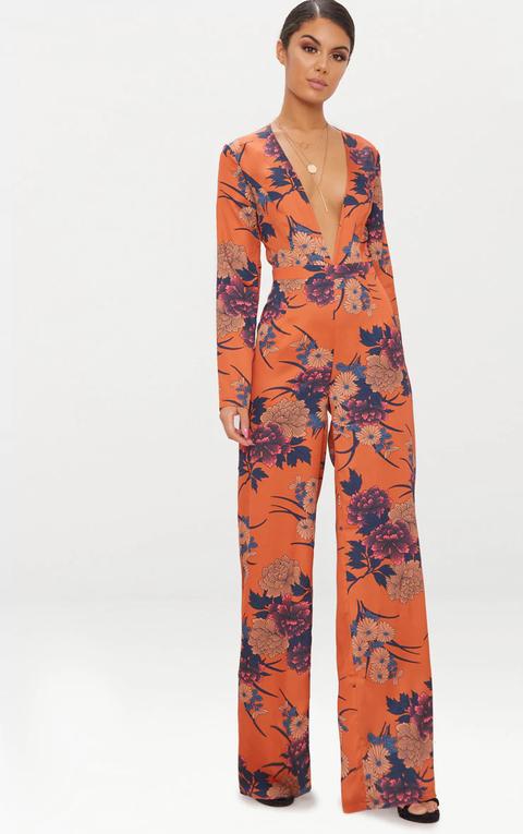 Orange Floral Print Long Sleeve Plunge Jumpsuit, Orange