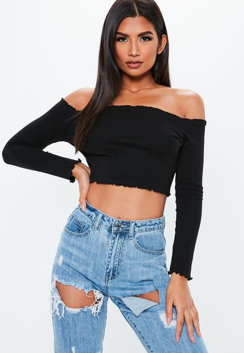 Crop Top Noir Col Bateau Bords Ondulés