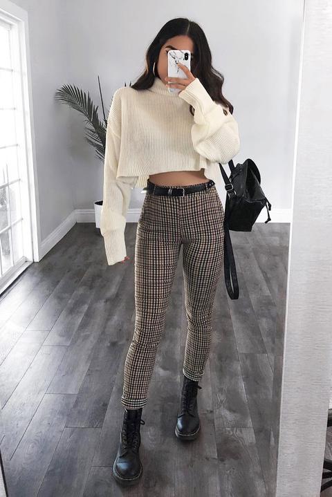 Brown Check Belted Tapered Trousers - Kierra