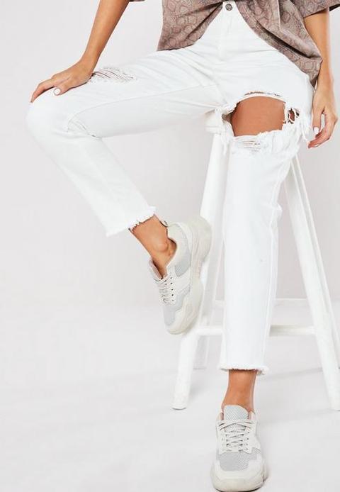 White Open Thigh Denim Mom Jeans, White 