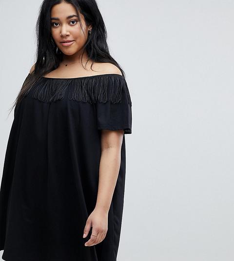 Asos Curve - Schulterfreies Sommerkleid Mit Fransen - Schwarz