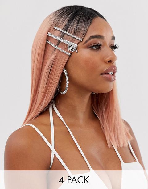 Asos Design Crystal Hair Clips And Hoop Earrings In Silver Tone