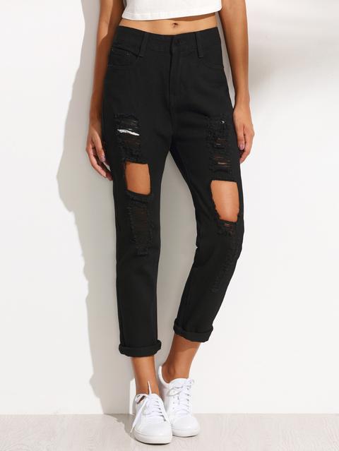 Pantaloni In Denim Strappati Con Bucchi - Nero