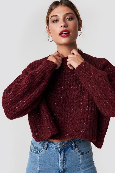 Trendyol Round Glittery Neck Short Knitted Jumper - Red