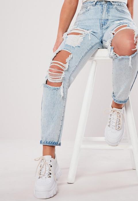 Light Blue Wash Vintage Distress Mom Jeans