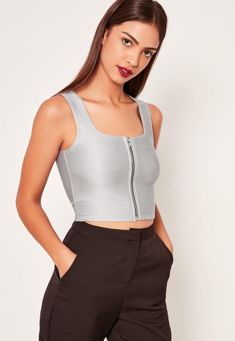 Sheen Ribbed Open Back Crop Top Grey