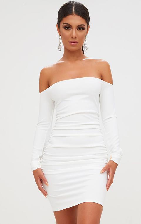 White Long Sleeve Ruched Bardot Bodycon Dress