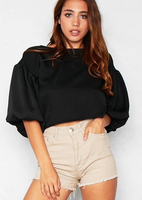 Dalah Black Puff Sleeve Crop Top