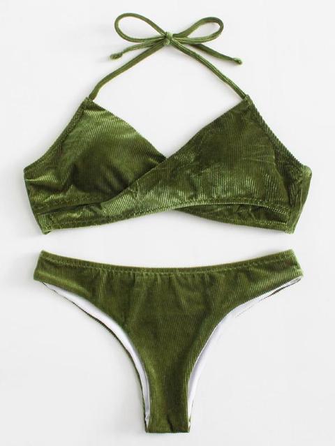 Bikini Anteriore In Velluto A Coste Con Incrocio A Goccia