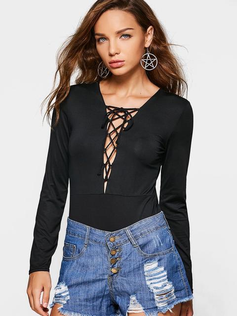 Plunging Neck Lace Up Bodysuit