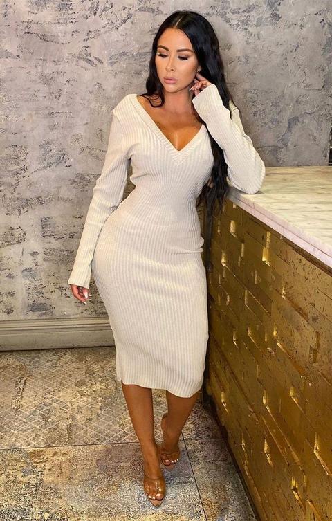 Stone Ribbed V Neck Midi Jumper Dress - Ivy