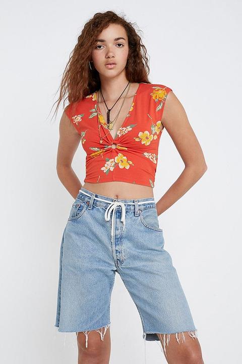 Uo Floral Ring-front Cropped Top - Red L At Urban Outfitters