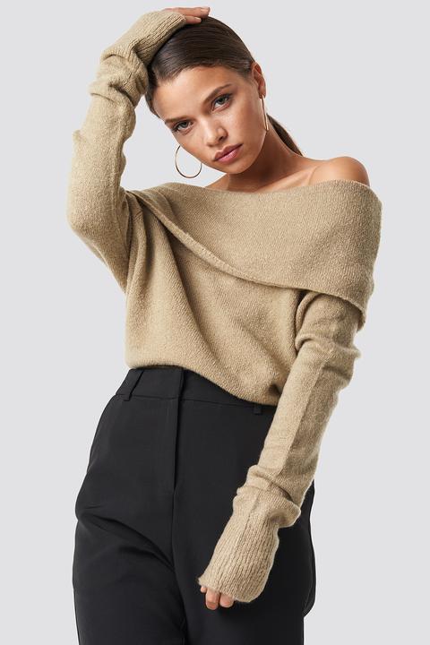 Offshoulder Folded Wide Sweater Beige