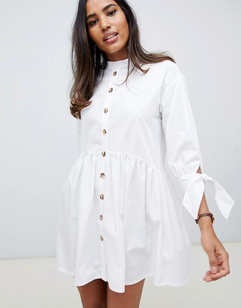 Asos Design Grandad Collar Button Through Mini Smock Dress With Tie Sleeve In White