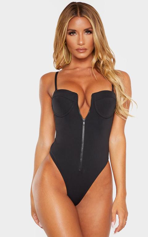 Maillot De Bain En Néoprène Noir À Bonnets Et Zip, Noir