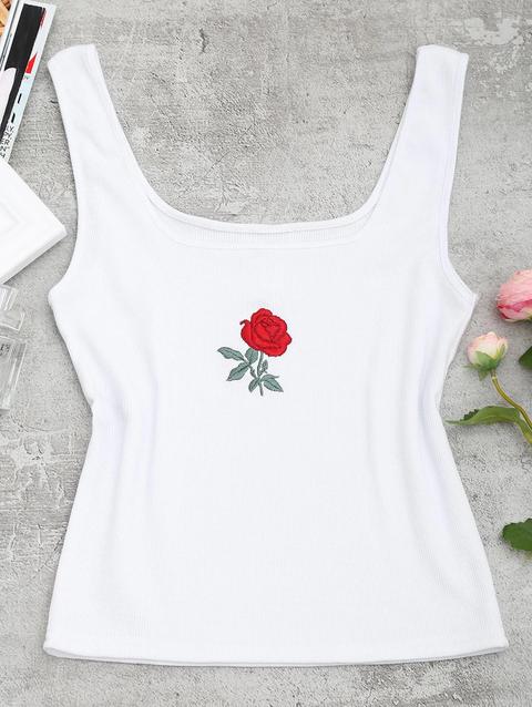 Ribbed Rose Embroidered Tank Top