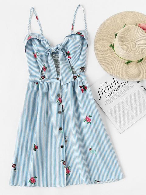 Foldover Stripe Florals Knot Open Front Cami Dress