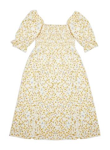 Womens Ivory Puff Sleeve Shirred Floral Print Dress, Multi