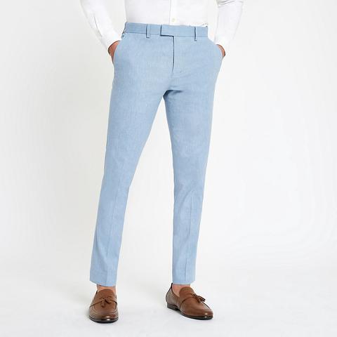 Blue Skinny Suit Trousers With Linen 