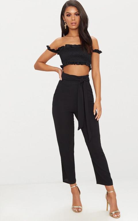 Black Pebble Crepe Tie Waist Cigarette Trouser, Black