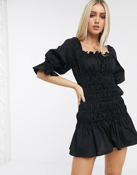 Asos Design Cotton Poplin Shirred Mini Dress With Lace Up Back In Black