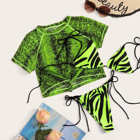 Neon Lime Zebra Print 3piece Co-ord Bikini Swimsuit