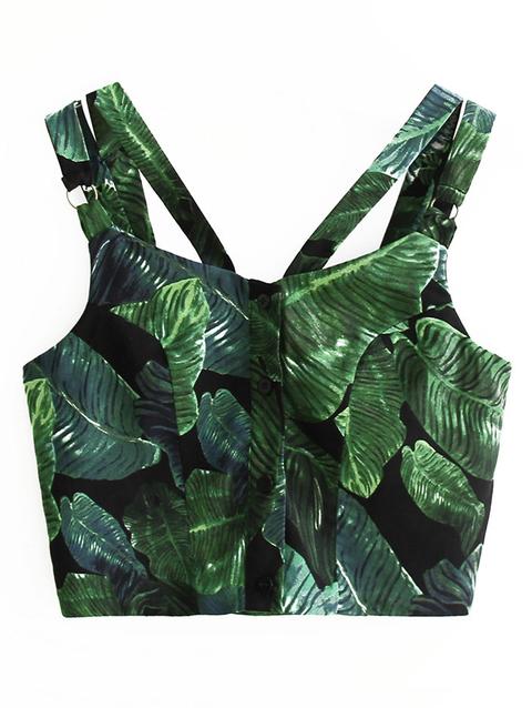 Straps Single-breasted Leaves Print Crop Top