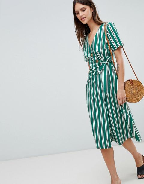 Asos Design - Vestito Midi In Cotone Verde A Righe Con Bottoni - Multicolore