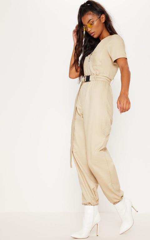 Stone Cargo Zip Up Jumpsuit