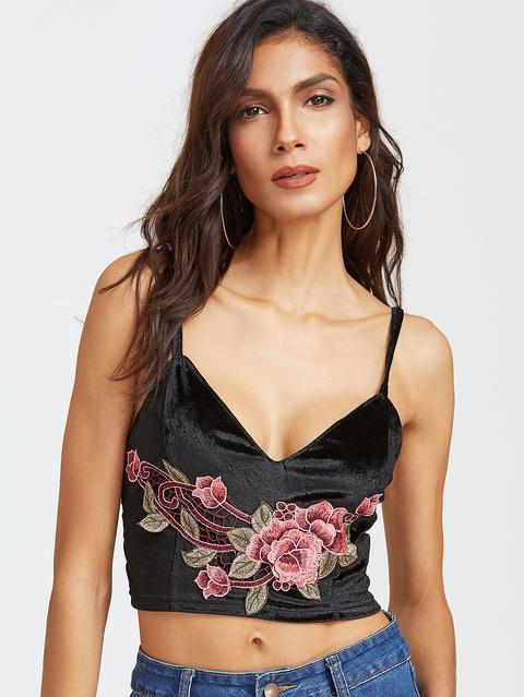 Cami Top Di Velluto Ritagliato Applique Fiore Ricamato Nero