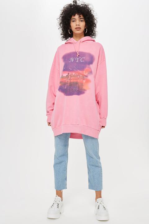 Womens 'new York City' Long Line Hoodie - Pink, Pink