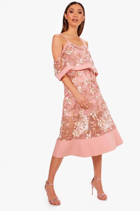 Boutique Floral Organza Frill Top Midi Dress