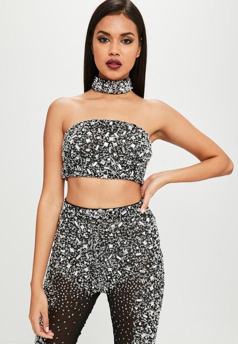 Carli Bybel X Missguided Black Embellished Bandeau Top, Black