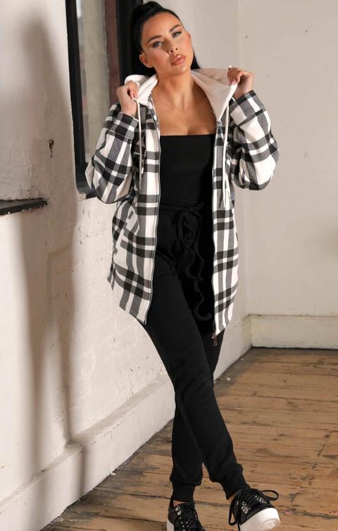 Black Oversized Check Print Long Sleeve Contrast Hooded Shacket - Adeline