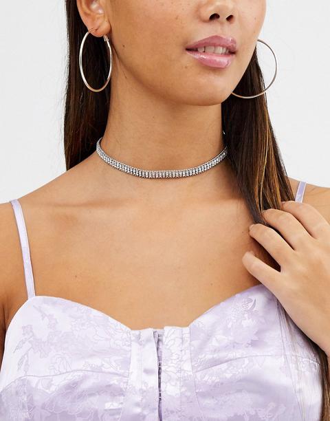 Asos Design Crystal Choker Necklace In Silver Tone