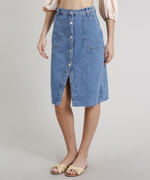 Saia Jeans Feminina Midi Com Botões E Bolsos Azul Médio from C\u0026A on 21  Buttons