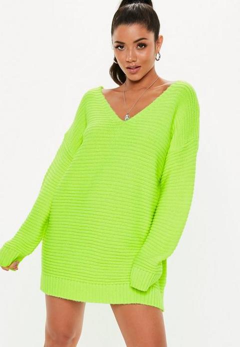 Lime V Neck Ribbed Knitted Jumper Dress, Lime