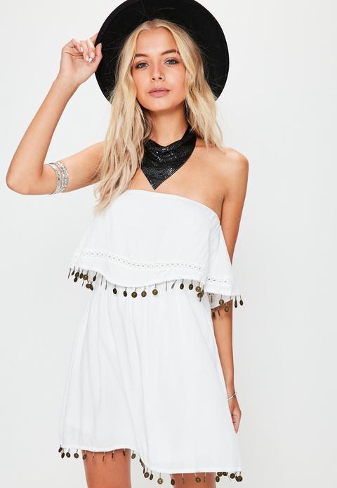 White Bandeau Double Layer Coin Swing Dress